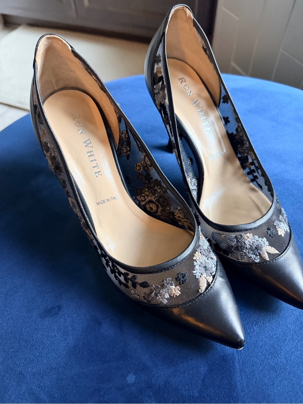 Ron White Black Floral Mesh Pointed-Toe Pumps